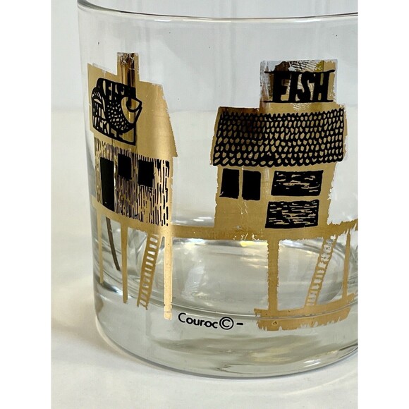 1960's Art Deco 22K Gold Fish Wharf Whiskey Glass San Fran Barware Arcoroc Set-2 - Picture 2 of 11